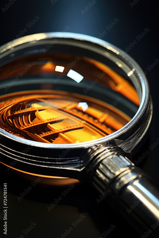 Poster A close-up view of a magnifying lens placed on a table. Ideal for illustrating concepts of investigation, research, or examination.