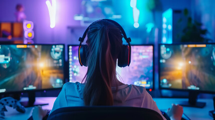 Happy girl live streaming a video game, sitting in front of a multi monitor in headphones, back view