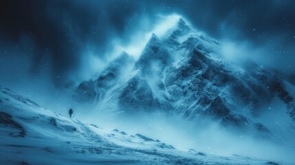  a man standing on top of a snow covered mountain in front of a sky filled with stars and a star filled mountain with a person standing in the foreground.