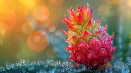  a red pineapple sitting on top of a green leaf covered in drops of water on top of a lush green leaf covered in dewy grass covered in drops of dew. - Powered by Adobe