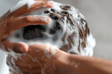 man washing hair with thickening shampoo - obrazy, fototapety, plakaty