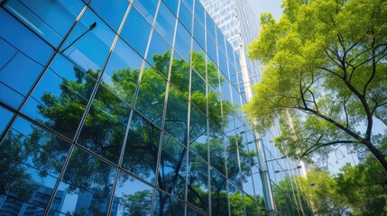 Sustainable architecture in the urban landscape: a glass office building integrated with trees to mitigate carbon dioxide levels.