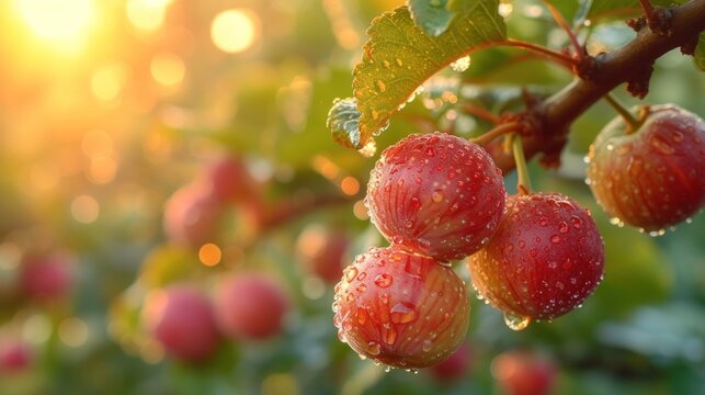  a bunch of red apples hanging from a tree with water droplets on them, with the sun shining in the background and a few green leaves in the foreground.