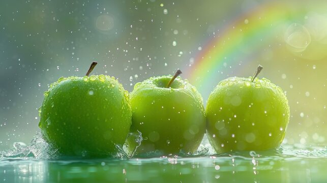  a group of three green apples sitting on top of a green surface with a rainbow in the background and water droplets on the bottom of the apples, with a rainbow in the background.