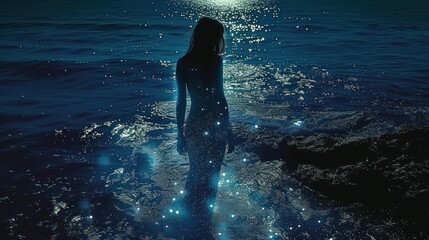  a woman standing in a body of water with a full moon in the sky above her and a body of water in the foreground with a body of water in the foreground.
