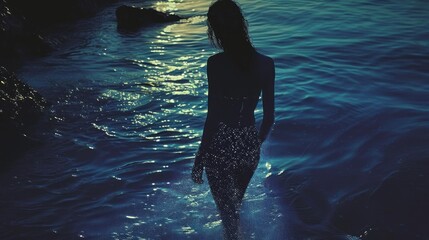  a woman standing in a body of water with her back to the camera as the sun shines on the water and the water is reflecting off of her body.
