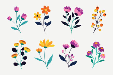 Cartoon flowers collection. Spring flowers blossom, bouquet arrangement. Botanical modern wild flowers set