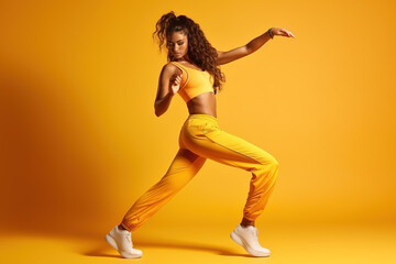 Fototapeta na wymiar Full length attractive woman in fashionable street clothes dancing against yellow studio background.