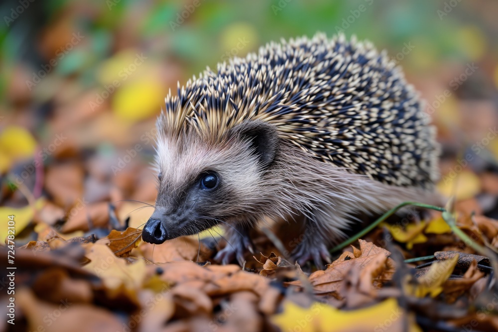 Wall mural stepping quietly, coming across a hedgehog snuffling leaves - Wall murals