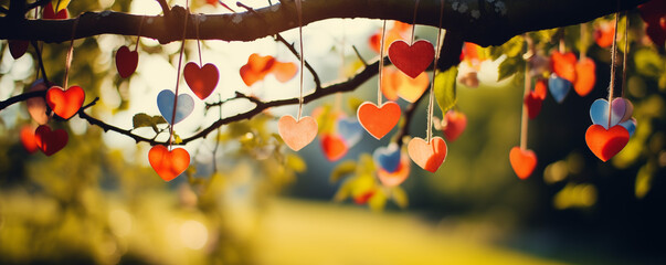 Hearts hanging from a tree, romantic gesture.