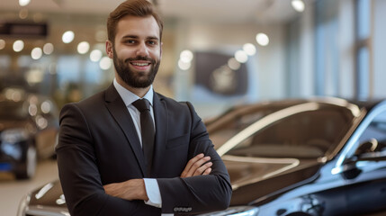 Fototapeta na wymiar Professional luxury car salesman in luxury showroom. Automobile dealer business