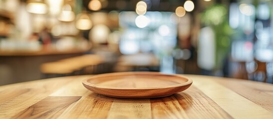 Fototapeta premium Abstract defocused blur background with people in a cafe or coffee shop interior, displaying an empty wooden plate on the table.