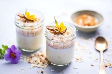 vegan rice pudding drink in glass, almond flakes on top