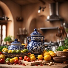 Spanish traditional kitchen interior, ceramics and ingredients - 724782501