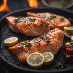 Grilled salmon steak with vegetables - 724782516