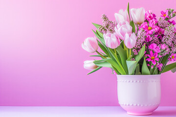 bouquet of tulips, isolated on pink abstract background, March, International Women's Day