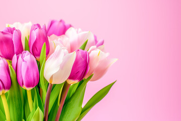 Fototapeta premium bouquet of tulips, isolated on pink abstract background, March, International Women's Day