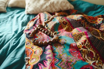 vibrant patterned dress with chunky necklace on bed