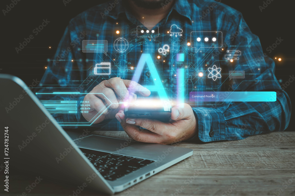 Poster ai technology, businessman show virtual graphic global internet connect chat with ai, artificial int