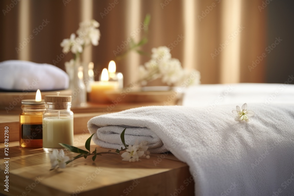 Poster A wooden table topped with white towels and candles. Perfect for spa and relaxation concepts