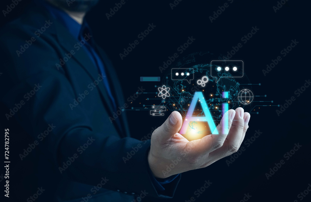 Poster ai technology, businessman show virtual graphic global internet connect chat with ai, artificial int