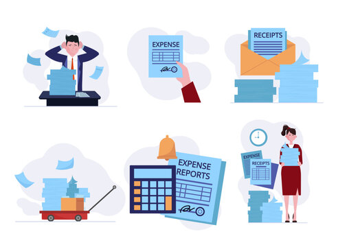 Receipts and expense reports vector illustration set. Businessman with unpaid invoices, female accountant with documents, stack of receipts, calculator and expense form. Bookkeeping, finance concept