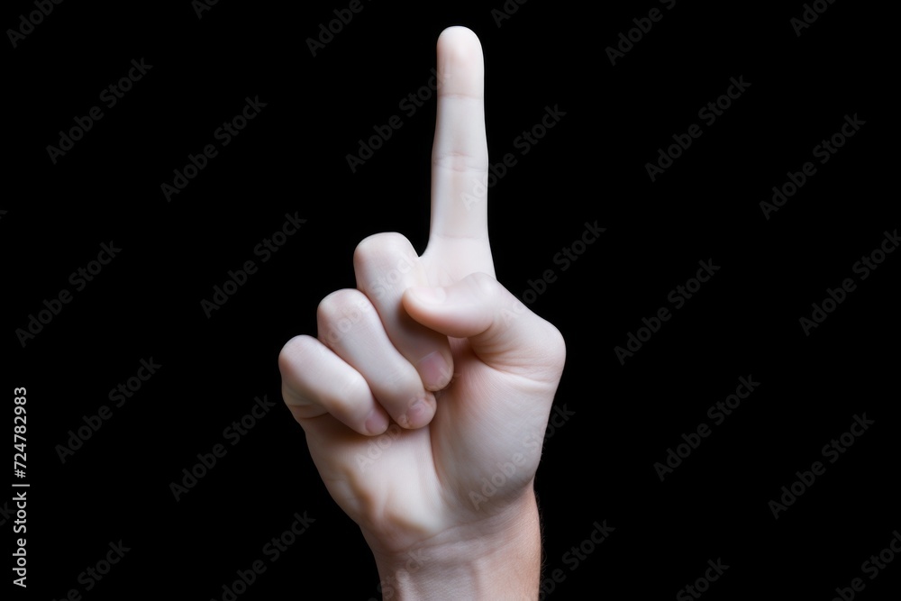 Poster a person holding their finger up in the air. suitable for illustrating concepts such as direction, a