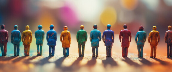 Colorful miniature figurines is lined up, facing away, against a vibrant and blurry background. 