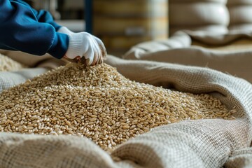 person taking wheat sample from sack in depot