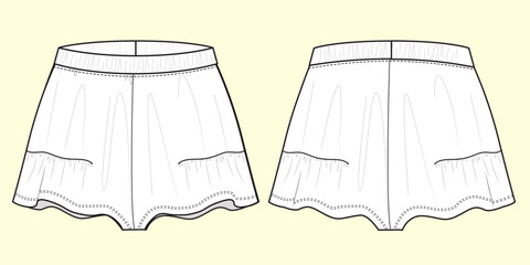 Ladies Nightwear Shorts - Black and White Outline Sleepwear Flat Sketch with Front and Back View