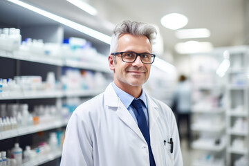 Senior male pharmacist working in drugstore, looking at the camera.