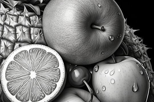 A simple yet elegant black and white photograph of a bowl filled with various fresh fruits. Perfect for adding a touch of sophistication to any kitchen decor or food-related project