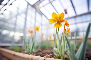 crocuses popping up in a spring greenhouse