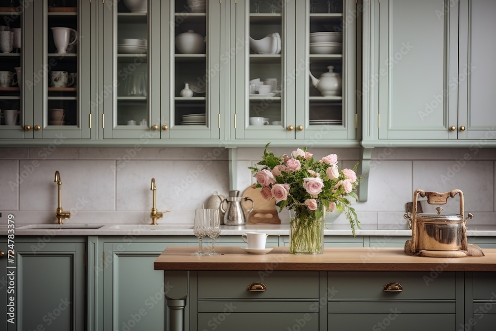 Poster a vase of flowers sitting on top of a kitchen counter. perfect for adding a touch of color and fresh