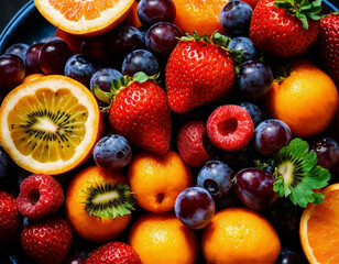 Obraz premium a fruit pile of kiwi, grapes, strawberries, oranges and other fruits, 