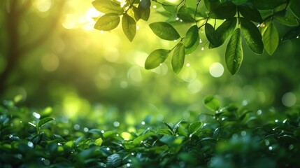  a close up of a green leafy area with sunlight shining through the leaves and water droplets on the leaves of a tree in the foreground, with a blurry background.