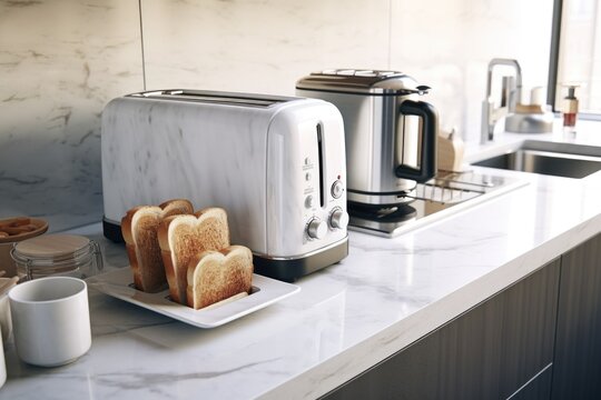 A picture of a toaster and a plate of toast on a counter. Perfect for illustrating breakfast or kitchen appliances