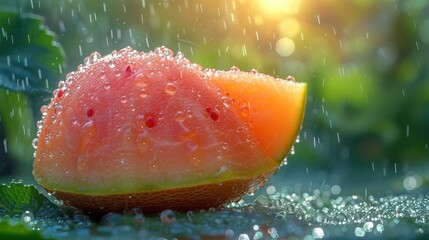  a piece of watermelon sitting on top of a green leaf covered in drops of water next to a leaf with green leaves and a bright light in the background.