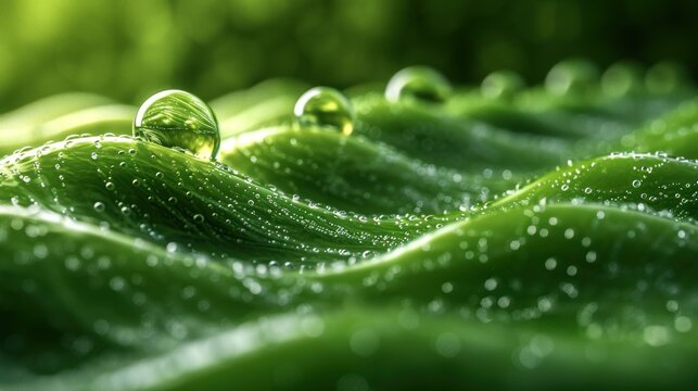  a close up of a green leaf with drops of water on the top of it and a blurry background to the left of the image of the top of the image.