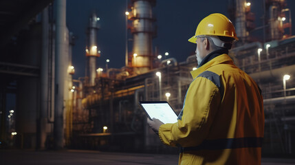 Engineer wearing safety uniform and helmet using tablet for checking oil supplies at oil refinery factory during night time.