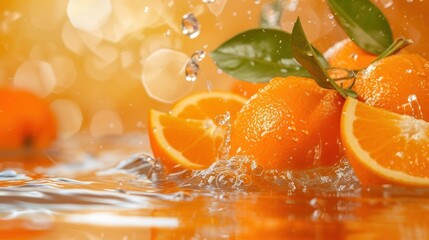  a close up of oranges in water with leaves on the top of the oranges and on the bottom of the water are oranges with leaves on top of the oranges. - obrazy, fototapety, plakaty
