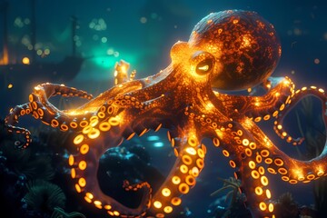 An octopus exploring sunken pirate treasure deep in the ocean - obrazy, fototapety, plakaty