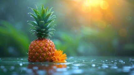  a pineapple sitting in the middle of a pool of water with a flower in the middle of the pool, with the sun shining on the water behind it.