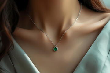 woman wearing Green gemstone emerald simple shaped pendant with silver chain necklace
