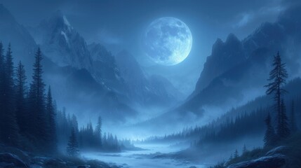  a painting of a mountain scene with a river in the foreground and a full moon in the middle of the sky above the mountain range, with fog and trees in the foreground.