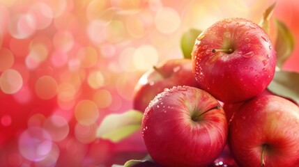  a pile of red apples sitting on top of each other on top of a green leafy tree branch in front of a red and yellow and pink boke background.