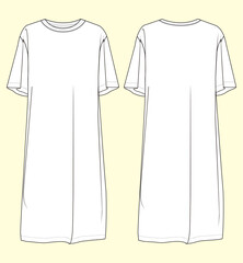 Ladies Short Sleeve Long Leg Dress - Black and White Outline, Front and Back View.