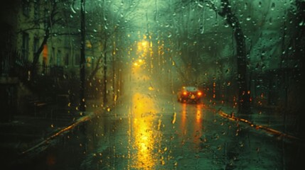  a car driving down a rain covered street next to a tree filled street with lots of lights on the side of the road and on the other side of the road.