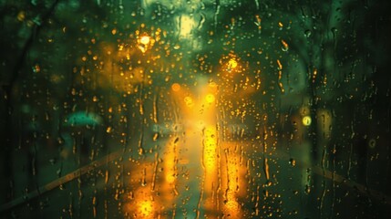  a rain covered window with a person walking down the street in the rain with an umbrella in the foreground and a street light in the background at night time.