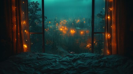  a bed sitting under a window next to a window with a view of a city at night and lights on the outside of the window and a blanket on top of the bed.